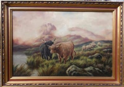 SOLD Pr Scottish highland cattle landscapes. Oils on Canvas. Antiques Scotland Antique Art 4