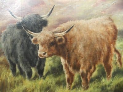 SOLD Pr Scottish highland cattle landscapes. Oils on Canvas. Antiques Scotland Antique Art 6