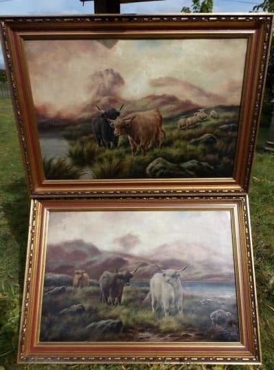 SOLD Pr Scottish highland cattle landscapes. Oils on Canvas. Antiques Scotland Antique Art 11