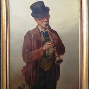 SOLD Continental School, Clarinet Player, Oil on Canvas signed oil on canvas Antique Art