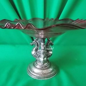 19th cent Silver, cranberry glass cake stand three horse stem Antique Silver Bronzes Silver Metals