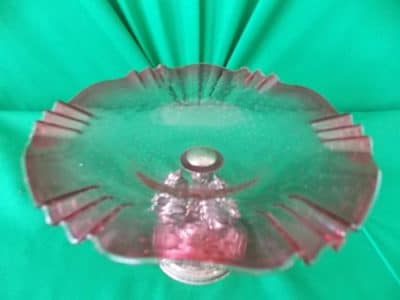 19th cent Silver, cranberry glass cake stand three horse stem - Image 4