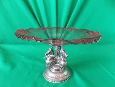 19th cent Silver, cranberry glass cake stand three horse stem Antique Silver Bronzes Silver Metals 7