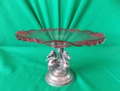 19th cent Silver, cranberry glass cake stand three horse stem - Image 5