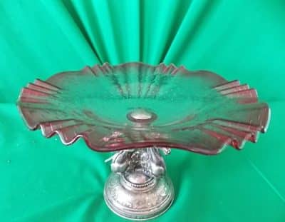 19th cent Silver, cranberry glass cake stand three horse stem - Image 6