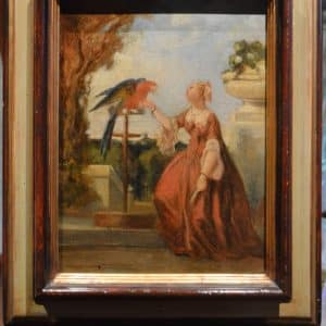 French “ Lady with Macaw parrot on a balcony “ Antique Art