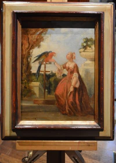 French “ Lady with Macaw parrot on a balcony “ Antique Art 3