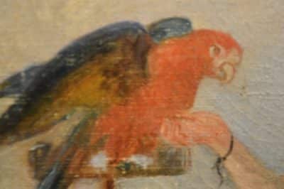French “ Lady with Macaw parrot on a balcony “ Antique Art 5