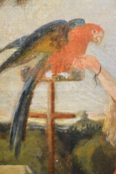 French “ Lady with Macaw parrot on a balcony “ Antique Art 4