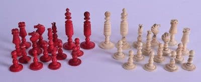 SOLD 19TH CENTURY CARVED AND STAINED BONE CHESS SET