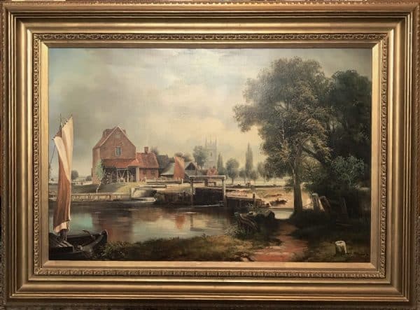 Dedham Lock & Mill After John Constable Large Landscape Oil Painting On Canvas