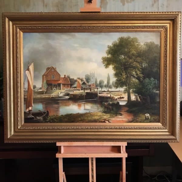 Dedham Lock & Mill After John Constable Large Landscape Oil Painting On Canvas Antique Art Antique Art 12