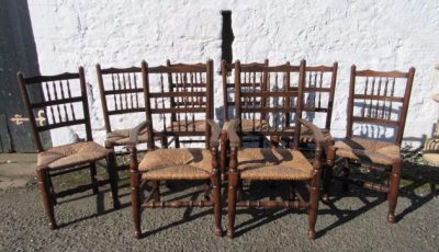 SOLD Set of 8 Victorian rush seated high back oak dining chairs