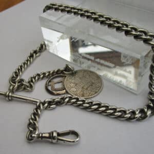 Antique Solid Silver Pocket Watch Chain Plus 1894 S. African Coin 53.7g silver chain Antique Silver