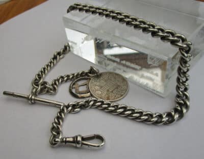 Antique Solid Silver Pocket Watch Chain Plus 1894 S. African Coin 53.7g