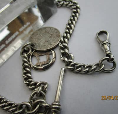 Antique Solid Silver Pocket Watch Chain Plus 1894 S. African Coin 53.7g silver chain Antique Silver 4