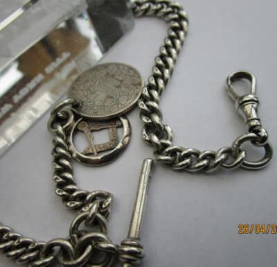 Antique Solid Silver Pocket Watch Chain Plus 1894 S. African Coin 53.7g - Image 2