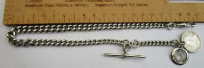 Antique Solid Silver Pocket Watch Chain Plus 1894 S. African Coin 53.7g - Image 7