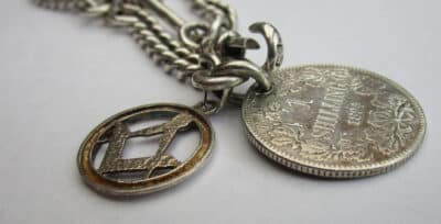 Antique Solid Silver Pocket Watch Chain Plus 1894 S. African Coin 53.7g - Image 6