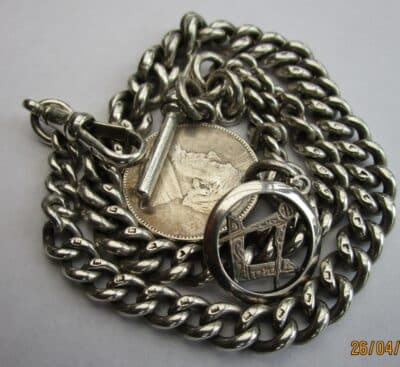 Antique Solid Silver Pocket Watch Chain Plus 1894 S. African Coin 53.7g - Image 3