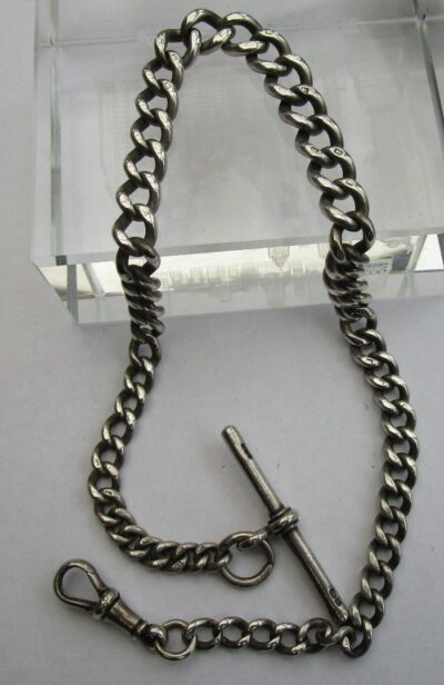 Antique Solid Silver Graduating Pocket Watch Chain 13" 58g + T-Bar & Lobster Clip 1935