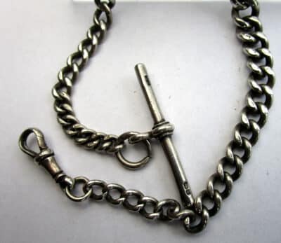 Antique Solid Silver Graduating Pocket Watch Chain 13" 58g + T-Bar & Lobster Clip 1935 - Image 2