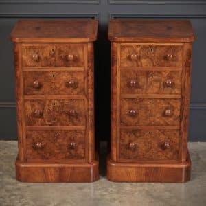 Pair of Victorian Burr Walnut Bedside Cabinets Bedroom Furniture Antique Chest Of Drawers