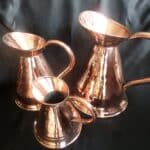 A 3 JUG SET of HAND BEATEN COPPER HARVESTER JUGS!  Mid Victorian Era c 1860’s Antique Collectibles