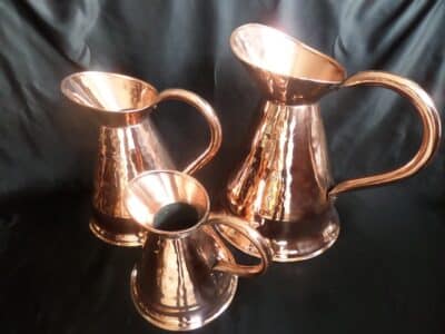 A 3 JUG SET of HAND BEATEN COPPER HARVESTER JUGS!  Mid Victorian Era c 1860’s Antique Collectibles 3