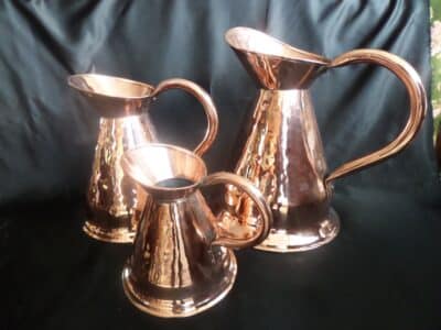 A 3 JUG SET of HAND BEATEN COPPER HARVESTER JUGS!  Mid Victorian Era c 1860’s Antique Collectibles 4