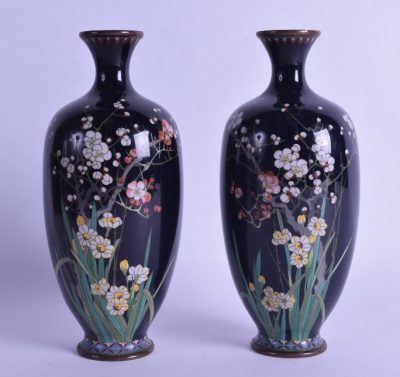SOLD Pair of Japanese Meiji period cloisonne enamel vases,