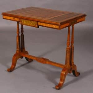 Regency revival walnut and specimen woods rectangular stretcher table. 19th century Antique Furniture