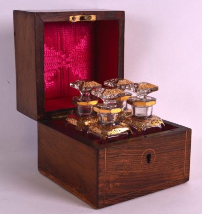 GOOD ANTIQUE ROSEWOOD MINIATURE PERFUME BOTTLES BOX Antique Bedroom Antiques 3
