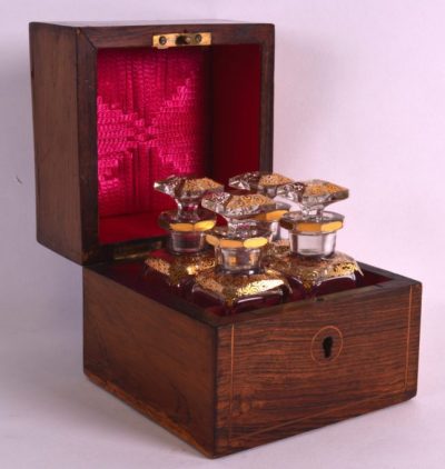 GOOD ANTIQUE ROSEWOOD MINIATURE PERFUME BOTTLES BOX