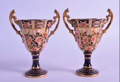 SOLD PAIR OF ROYAL CROWN DERBY TROPHY SHAPED VASES