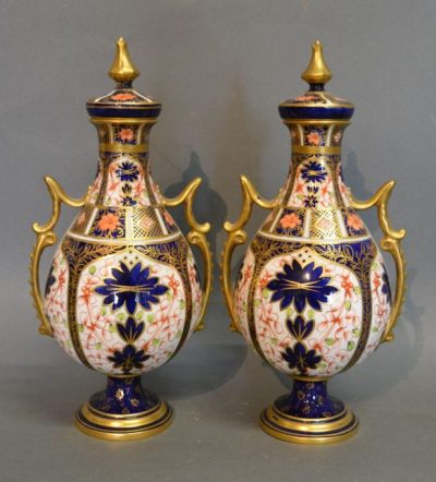 SOLD Pair Royal Crown Derby Porcelain Two Handled Covered Vases