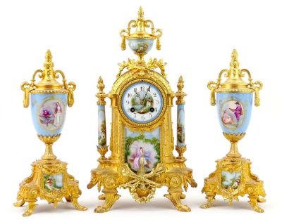 SOLD French gilded metal and porcelain clock garniture 19th century Antique Clocks 3