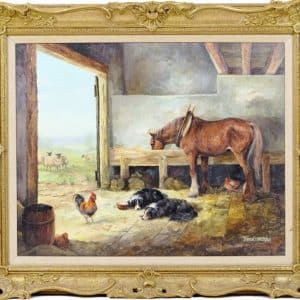 SOLD Donna Crawshaw Stable companions oil on canvas oil on canvas Antique Art