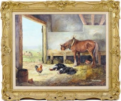 SOLD Donna Crawshaw Stable companions oil on canvas oil on canvas Antique Art 3