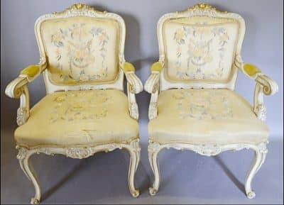 SOLD Pair 19th early 20th Century French Cream and Gilded Fauteuils,