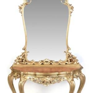 Late 19th century French pier table with over mirror. A late 19th Century gold-painted pier table and mirror Antique Art