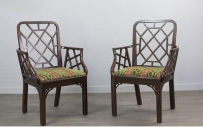 Geo III Chinese Chippendale mahogany elbow chairs