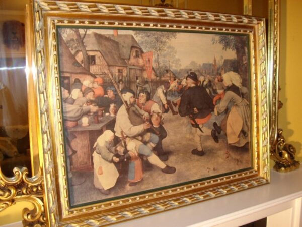 Oileograph Print On Canvas Of Dutch Tavern Scene Depicting A 17th Century Genre Scene In Heavy Carved Wooden Gilt Frame Antique Art 5