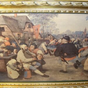 Oileograph Print On Canvas Of Dutch Tavern Scene Depicting A 17th Century Genre Scene In Heavy Carved Wooden Gilt Frame Antique Art