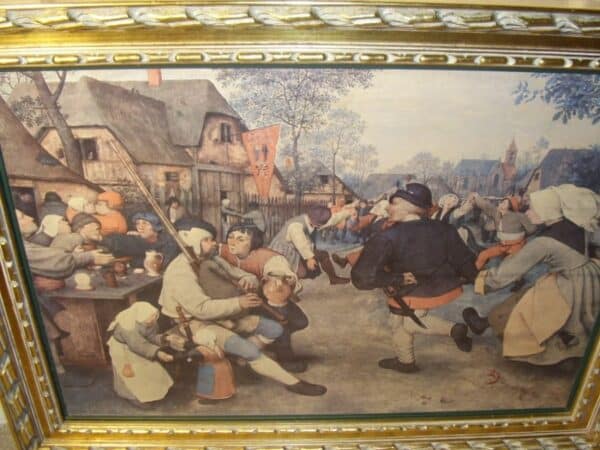 Oileograph Print On Canvas Of Dutch Tavern Scene Depicting A 17th Century Genre Scene In Heavy Carved Wooden Gilt Frame Antique Art 3