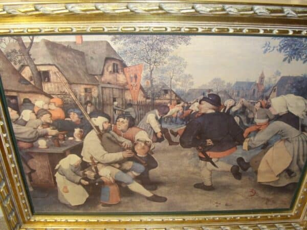 Oileograph Print On Canvas Of Dutch Tavern Scene Depicting A 17th Century Genre Scene In Heavy Carved Wooden Gilt Frame