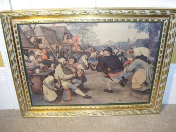 Oileograph Print On Canvas Of Dutch Tavern Scene Depicting A 17th Century Genre Scene In Heavy Carved Wooden Gilt Frame Antique Art 6