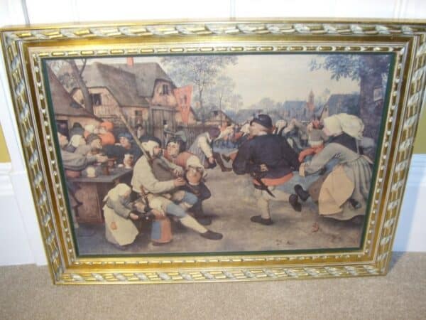 Oileograph Print On Canvas Of Dutch Tavern Scene Depicting A 17th Century Genre Scene In Heavy Carved Wooden Gilt Frame - Image 4