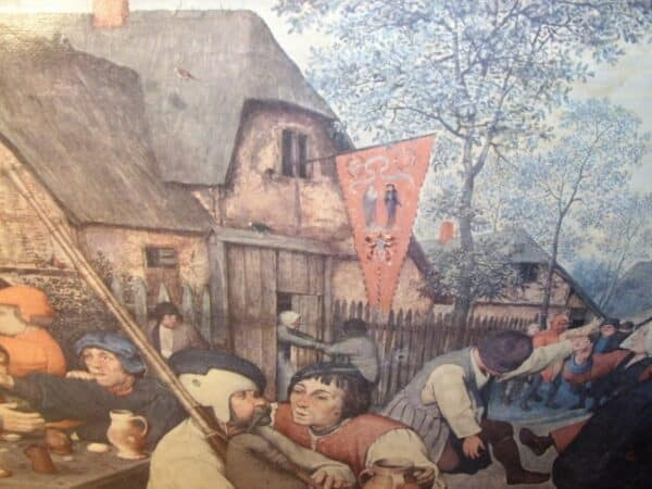 Oileograph Print On Canvas Of Dutch Tavern Scene Depicting A 17th Century Genre Scene In Heavy Carved Wooden Gilt Frame - Image 5