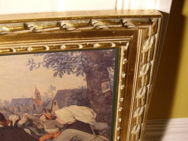 Oileograph Print On Canvas Of Dutch Tavern Scene Depicting A 17th Century Genre Scene In Heavy Carved Wooden Gilt Frame - Image 6